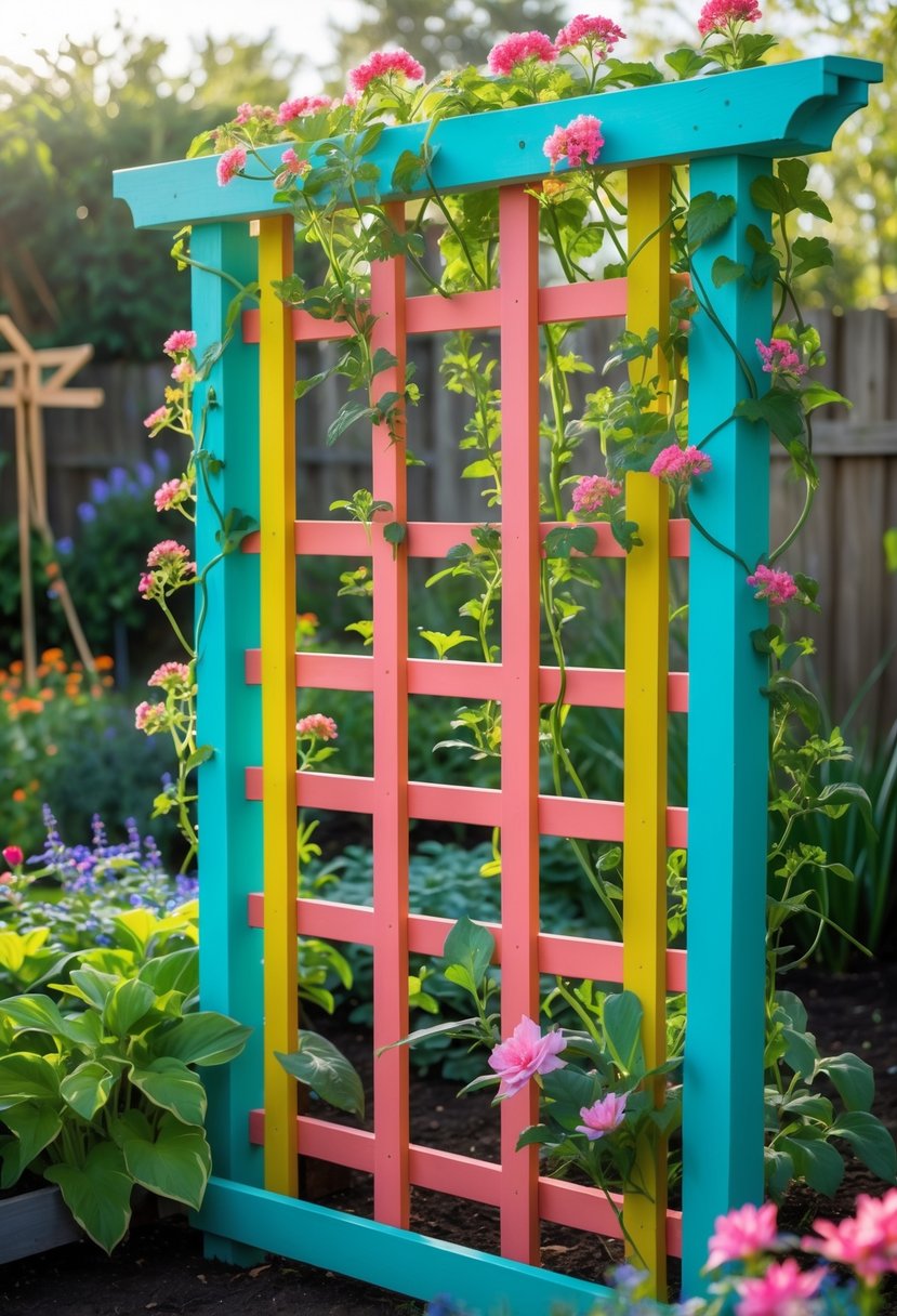 A colorful painted wooden trellis surrounded by green plants and blooming flowers in a sunny garden.