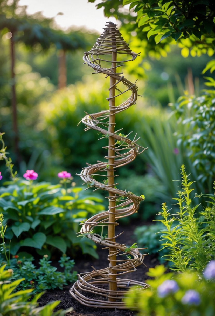 A spiral garden obelisk made from flexible branches or wire standing among green plants and flowers in a garden.