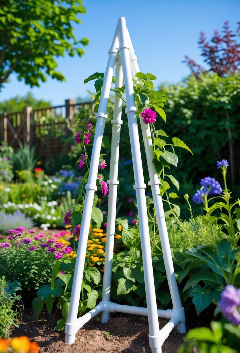 A white PVC pipe garden obelisk trellis with climbing plants in a colorful garden under a clear sky.