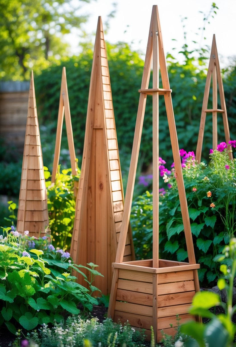 A garden with cedar wood obelisks supporting climbing plants and flowers among green foliage.
