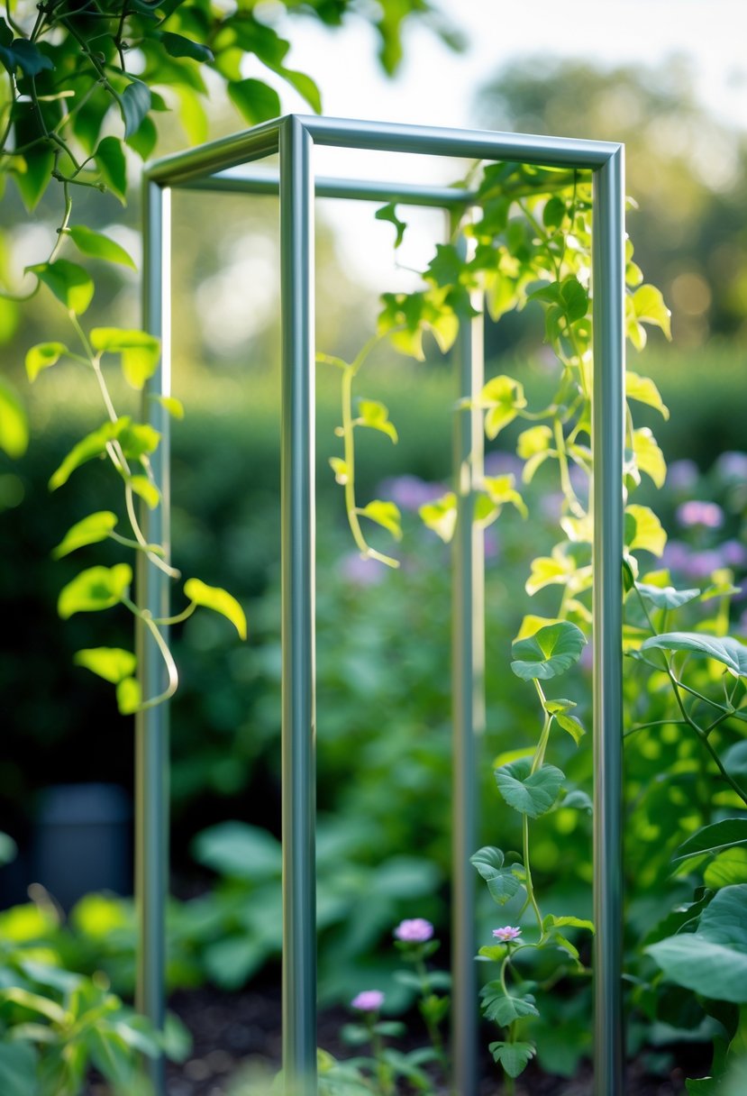 A metal square-frame garden obelisk surrounded by green plants and climbing vines in a garden.