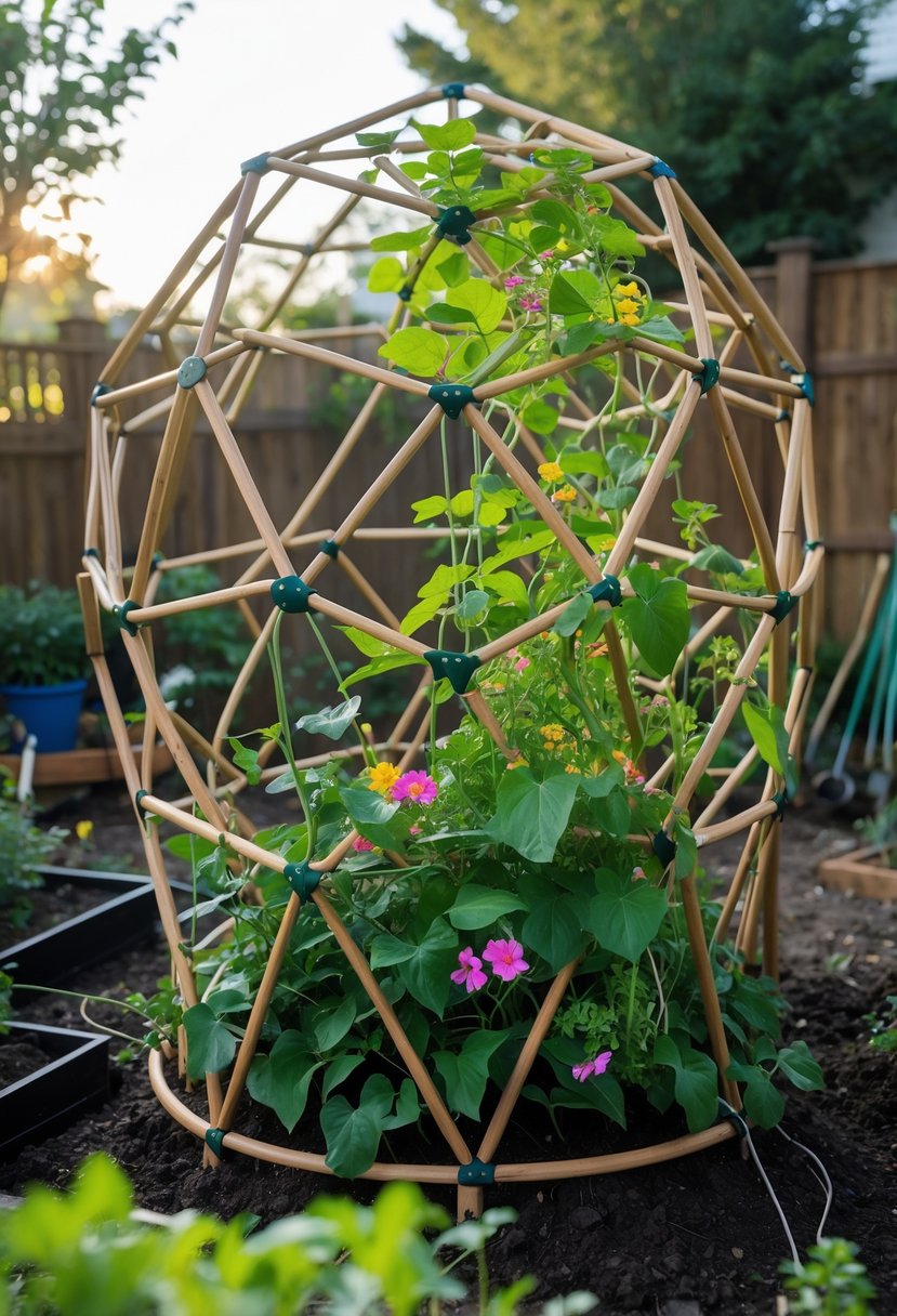 A geodesic dome trellis in a garden with climbing plants growing in multiple directions.