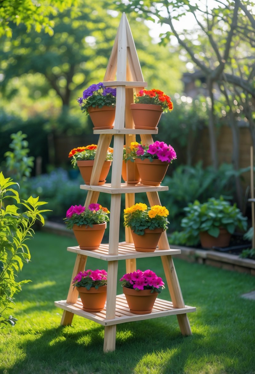 A wooden tiered garden obelisk with hanging flower pots filled with colorful blooms in a sunny outdoor garden.