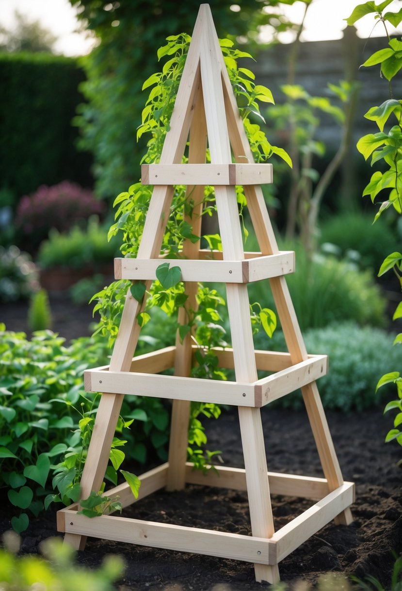 A triangular wooden garden obelisk with cross beams surrounded by climbing plants in a garden.