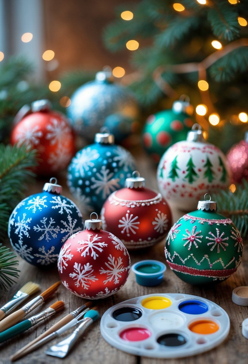 Close-up of colorful hand-painted Christmas ornaments on a wooden table surrounded by paintbrushes and acrylic paints.