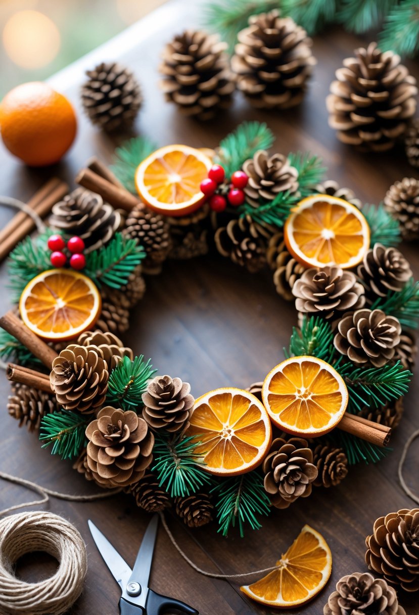 A pinecone wreath decorated with dried orange slices, cinnamon sticks, pine branches, and red berries on a wooden table with crafting supplies around it.