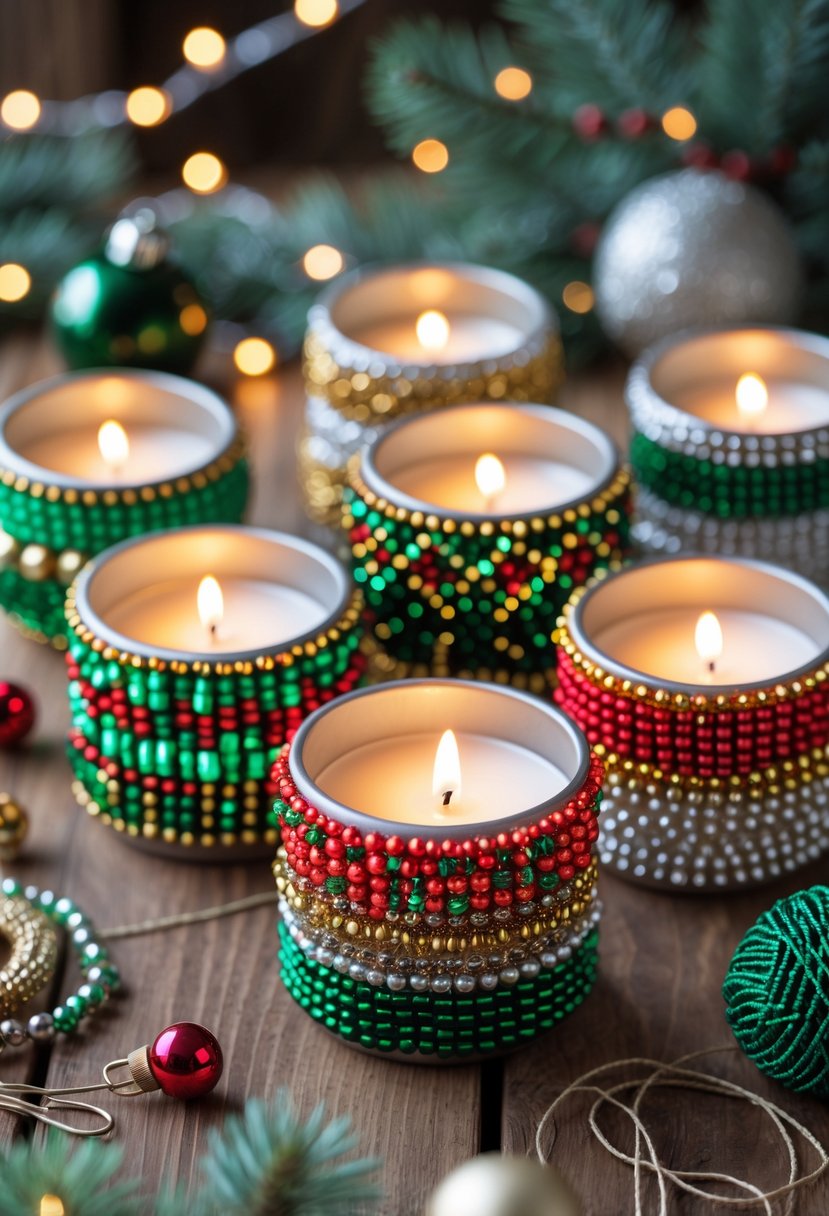 A group of colorful beaded holiday candle holders with lit candles on a wooden table surrounded by craft supplies and holiday decorations.
