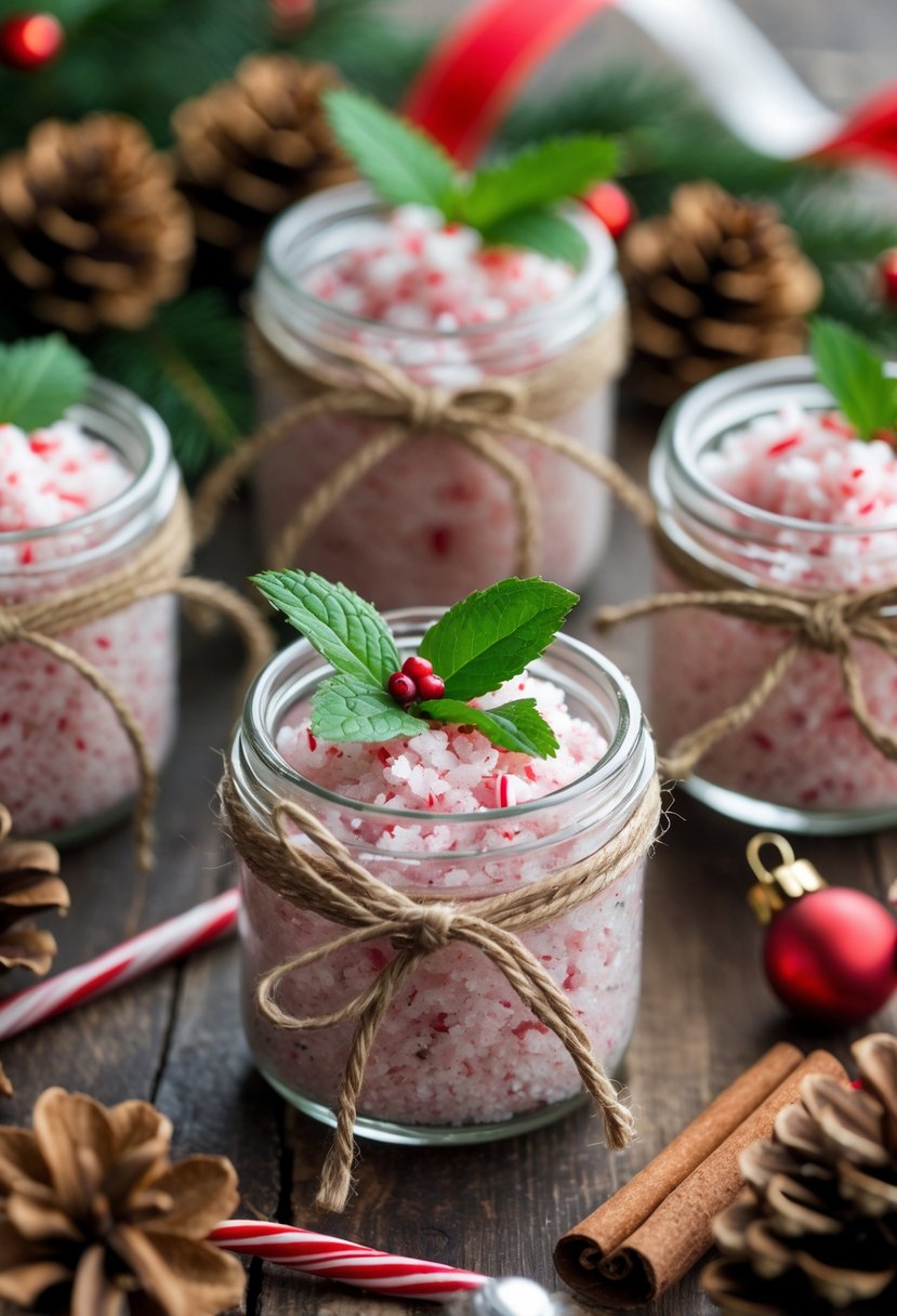 Jars of homemade peppermint sugar scrub surrounded by holiday craft materials on a wooden surface.