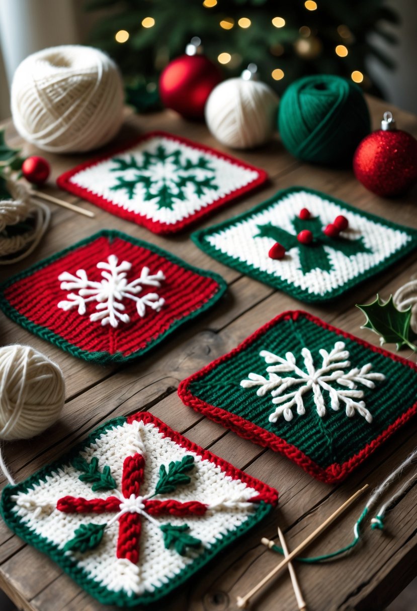 A collection of colorful knitted holiday-themed coasters arranged on a wooden table with knitting supplies nearby.