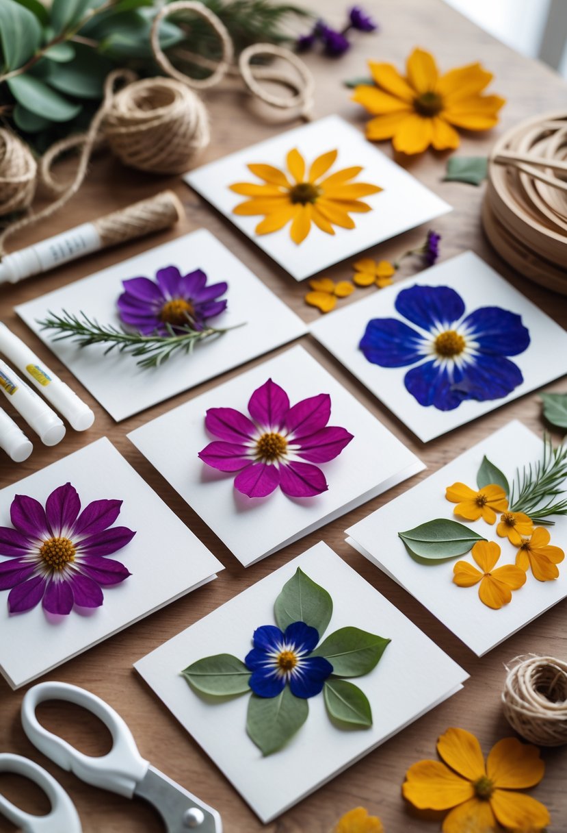 A wooden table with handmade holiday cards decorated with pressed flowers, surrounded by crafting supplies like scissors, glue, and dried petals.