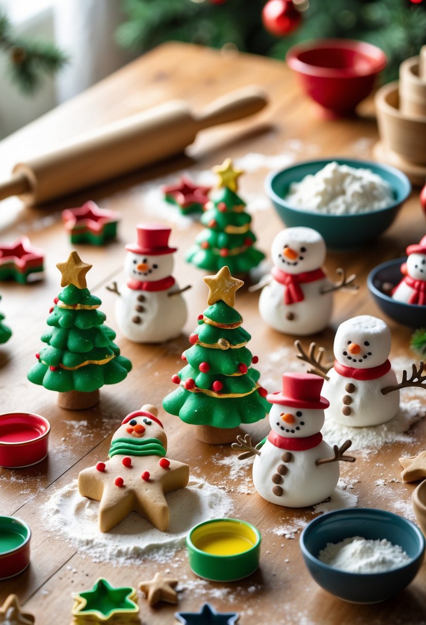 A collection of colorful salt dough Christmas figurines and crafting materials arranged on a wooden table.