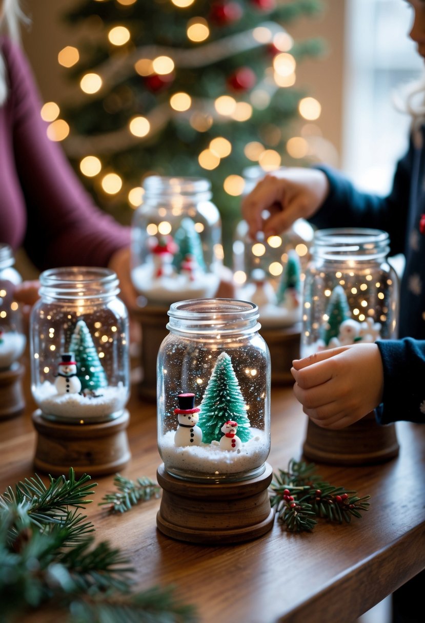 Several mason jars filled with miniature holiday scenes and glitter on a table, with people’s hands crafting and holding them.