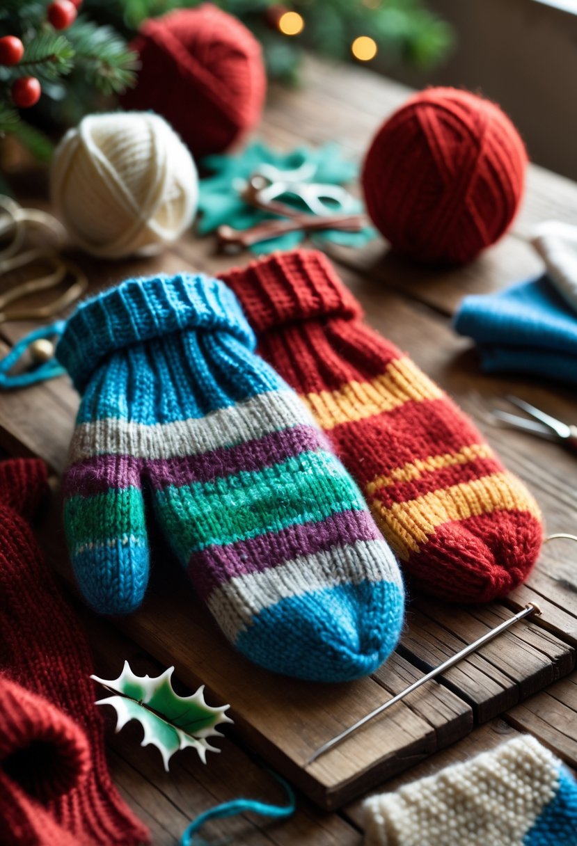 A pair of colorful upcycled sweater mittens on a wooden table surrounded by yarn, scissors, and sewing supplies.