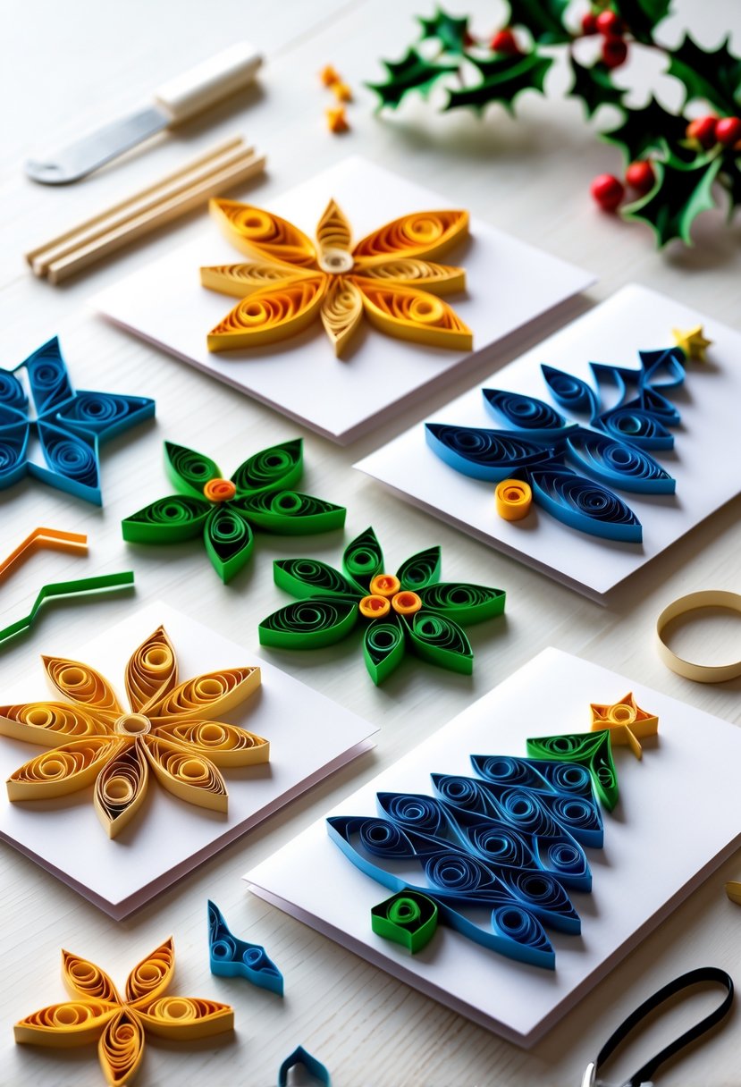 A collection of colorful handmade holiday greeting cards decorated with paper quilling designs arranged on a wooden surface with crafting tools nearby.
