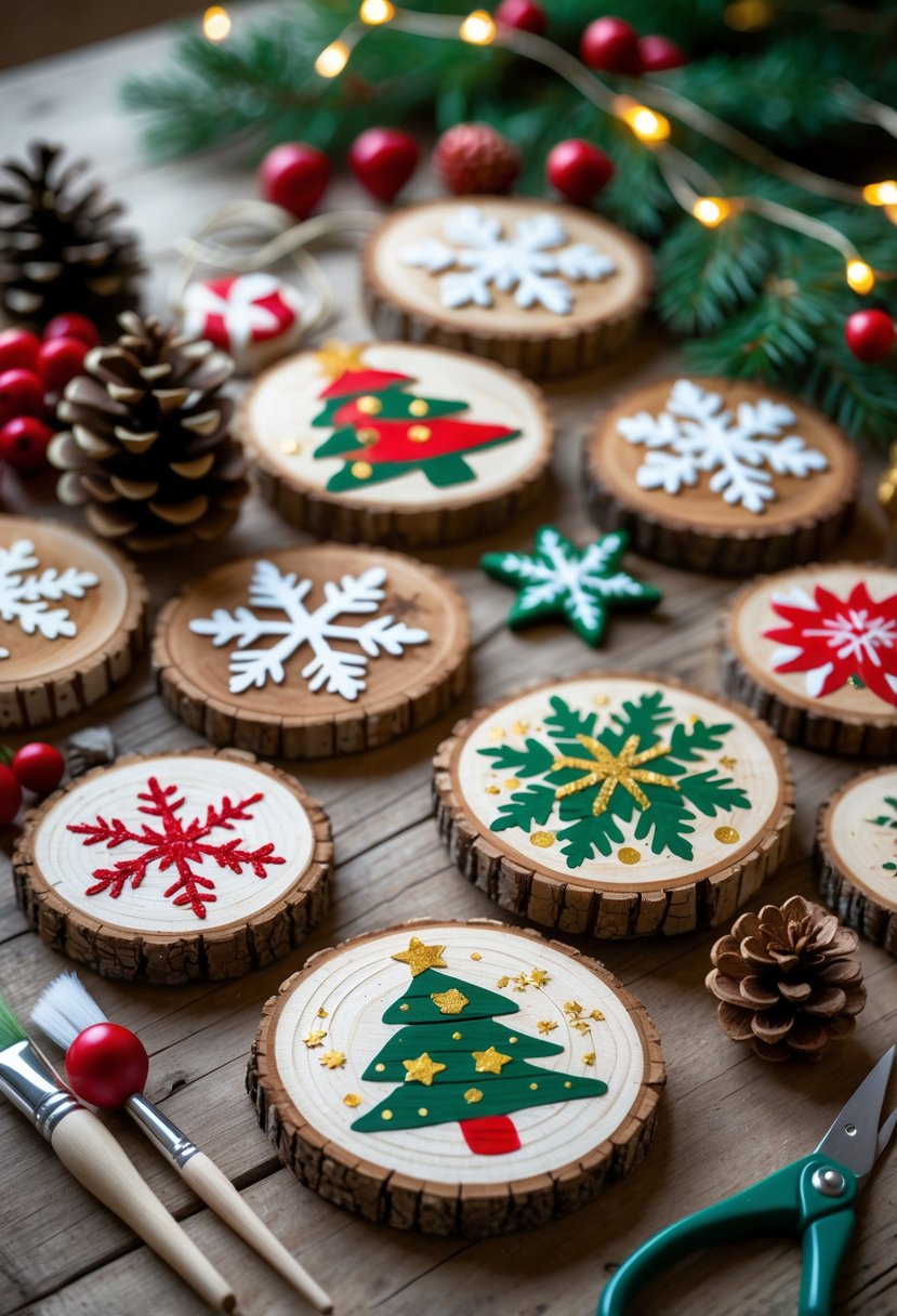 Wood slice Christmas tree decorations with festive paint designs arranged on a wooden table surrounded by craft materials and holiday greenery.