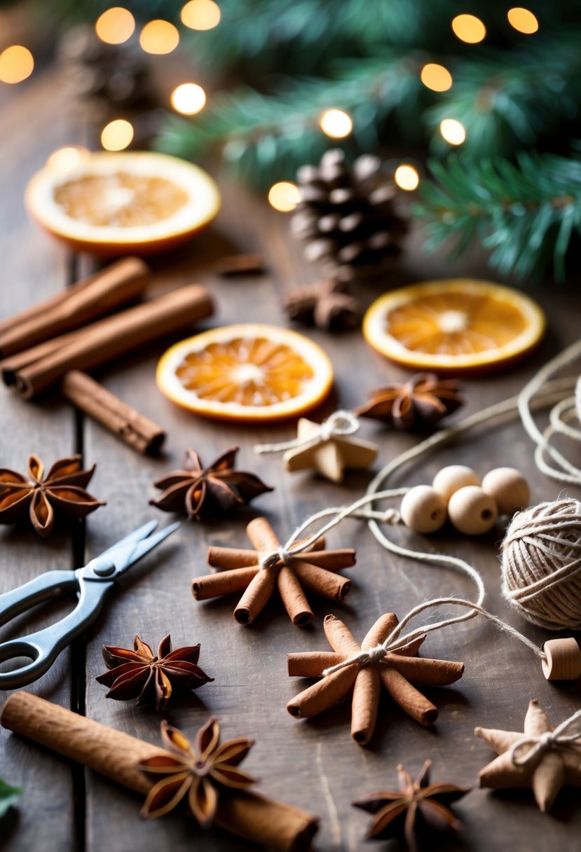 A table with handmade cinnamon ornaments, cinnamon sticks, dried orange slices, and crafting supplies for holiday decorations.