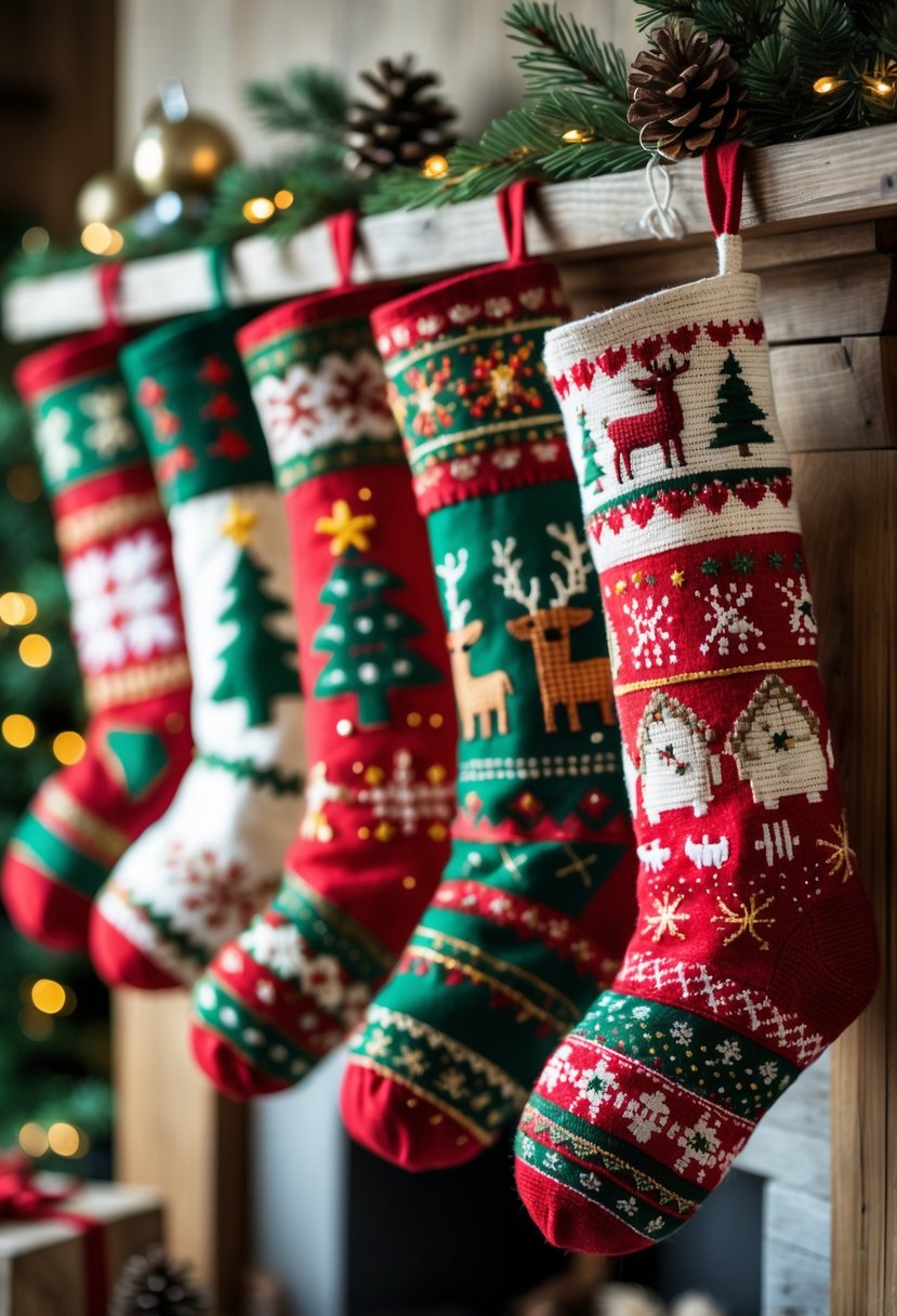 A mantelpiece decorated with colorful cross-stitched Christmas stockings and holiday decorations like pine branches and fairy lights.