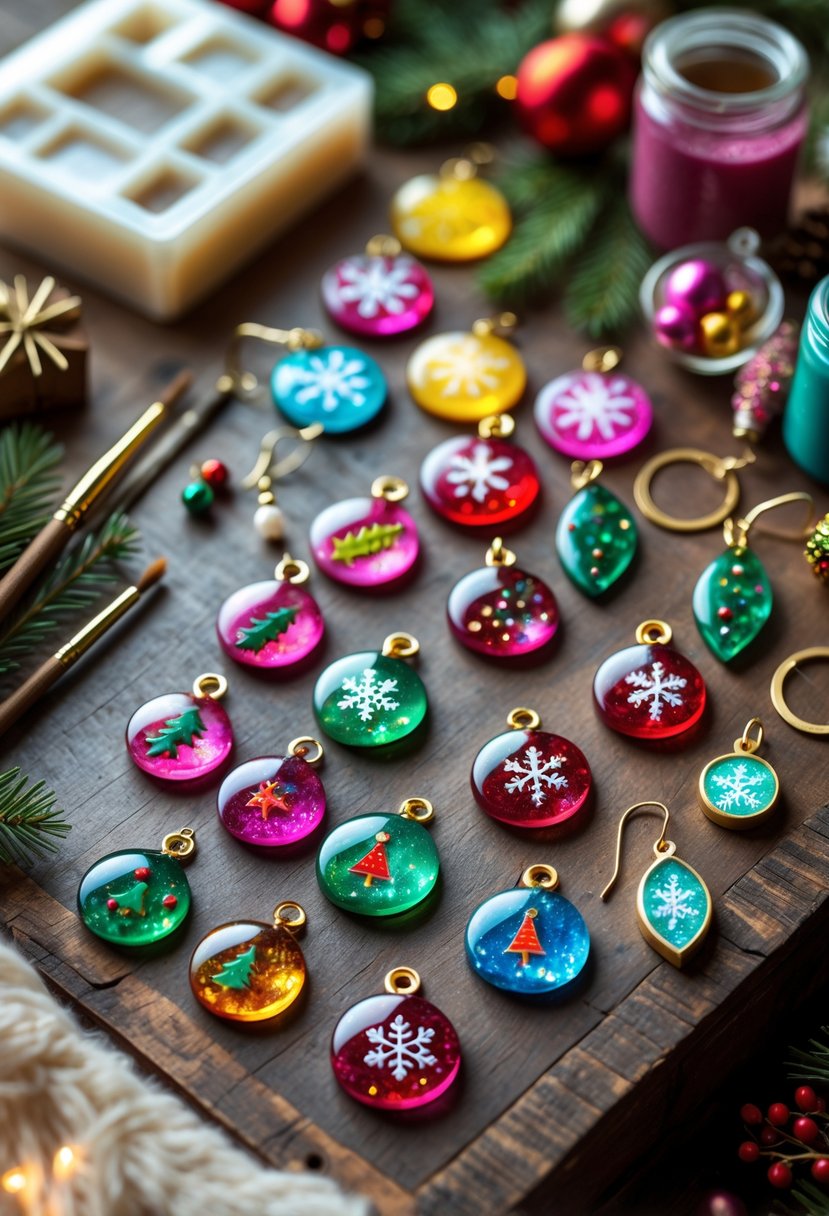 A collection of holiday-themed resin jewelry including pendants and earrings with festive designs displayed on a wooden table surrounded by craft supplies.