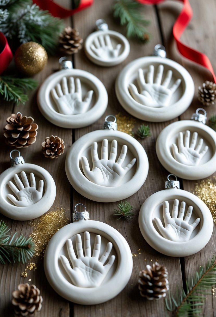 Clay handprint ornaments made by adults and kids arranged on a wooden surface with holiday craft decorations nearby.