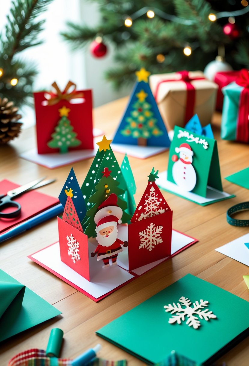 A table displaying various colorful pop-up Christmas cards surrounded by crafting supplies and holiday decorations.