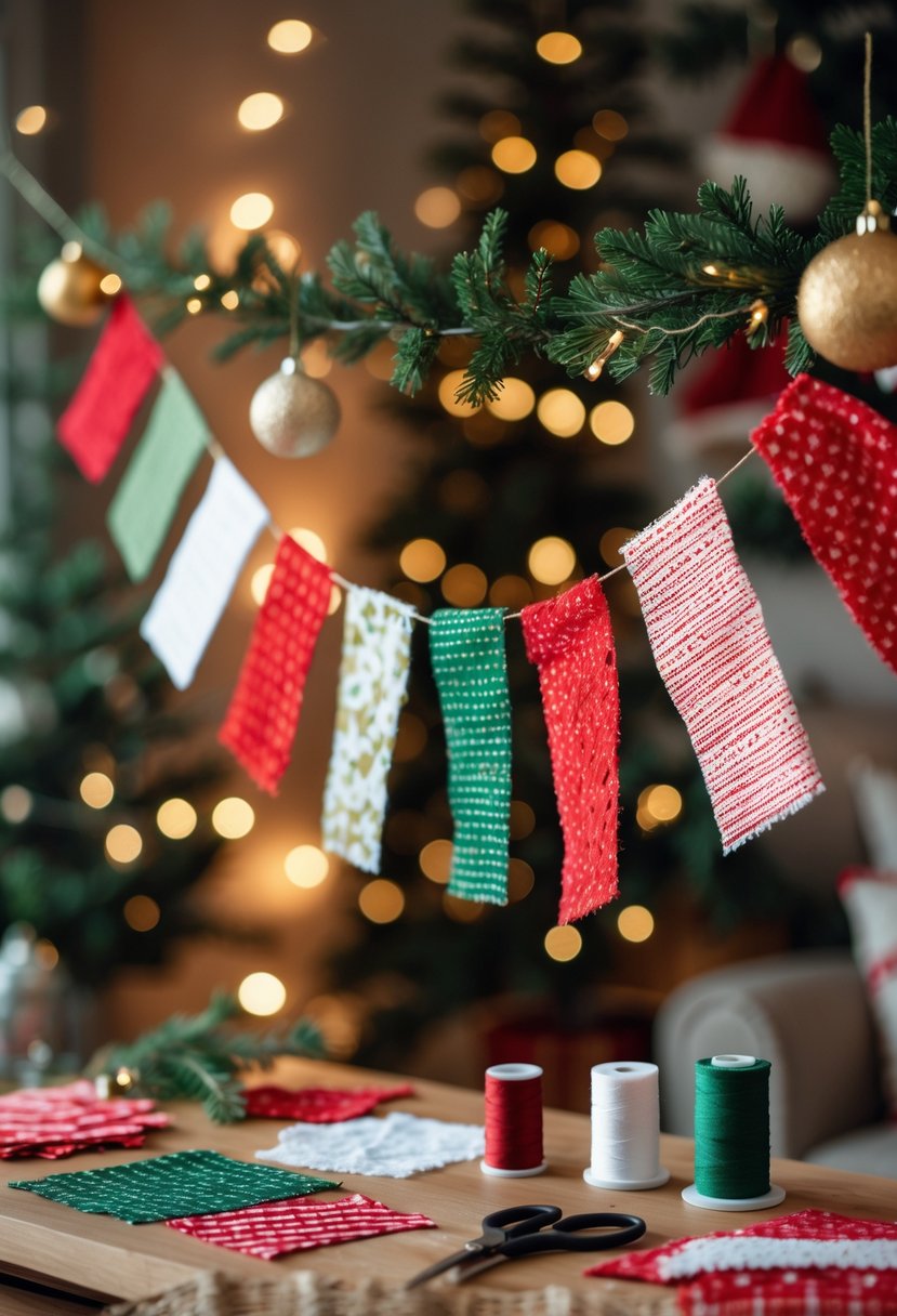 Colorful fabric scrap Christmas bunting hanging in a cozy room with holiday decorations and crafting supplies on a wooden table.