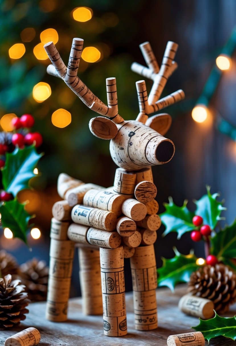 A decorative reindeer made from wine corks displayed on a wooden surface with holiday decorations and warm lighting.