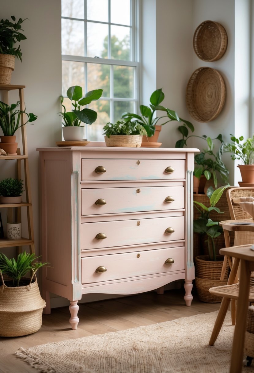 A freshly repainted wooden dresser in a cozy room with plants and warm lighting.