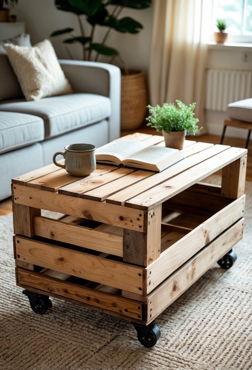 A rustic coffee table made from wooden crates with wheels in a cozy living room setting.