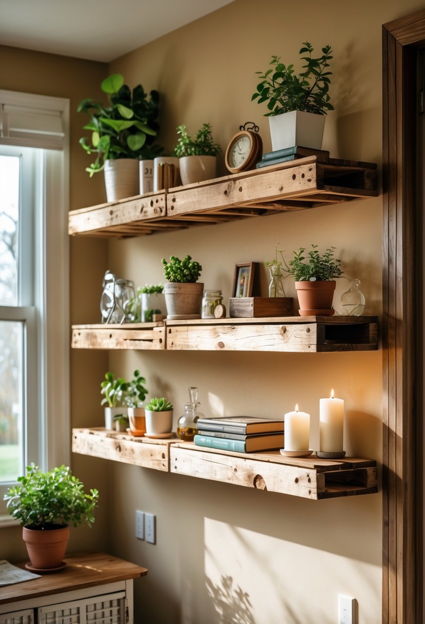 Floating shelves made from reclaimed pallet wood displaying plants, books, and decorative items in a cozy home setting.