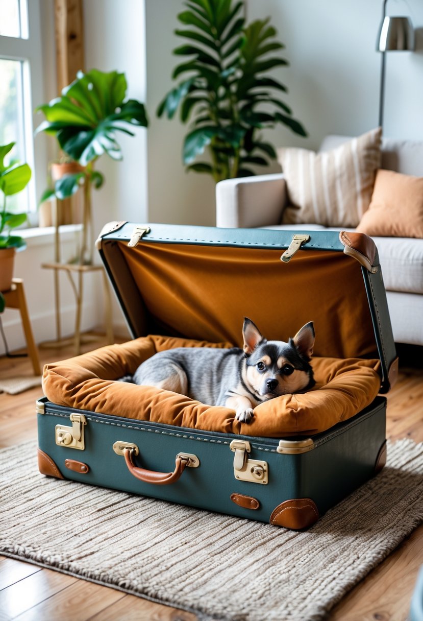 A vintage suitcase converted into a padded pet bed with a small dog resting inside, placed in a bright living room with wooden floors and a houseplant nearby.
