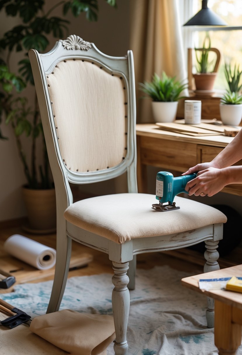 A worn dining chair being refinished with new paint and upholstery in a cozy home setting.