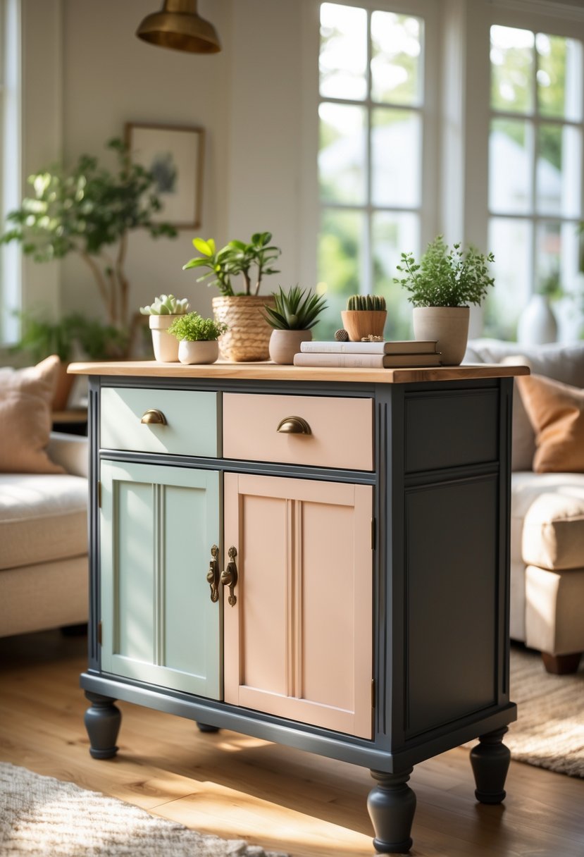 A wooden cabinet with two-tone paint finish in a cozy living room with plants and decorative items on top.