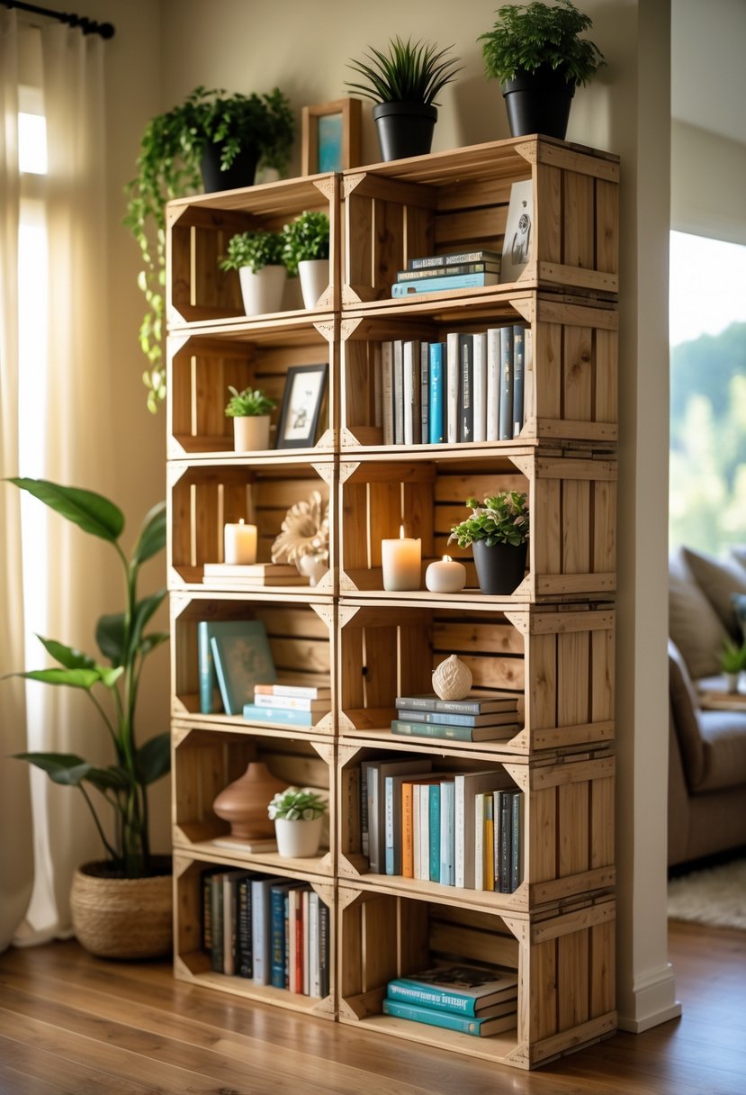 A bookshelf made from stacked wooden crates filled with books and decorative items in a cozy living room.