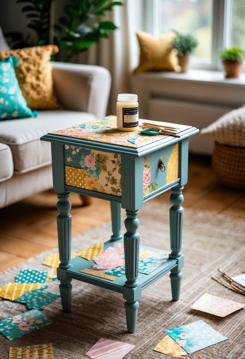 A small wooden side table decorated with colorful paper designs surrounded by crafting tools in a cozy living room.