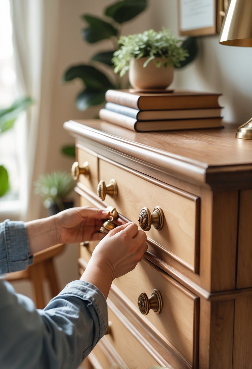 Close-up of hands installing antique brass knobs on a wooden dresser in a cozy room.
