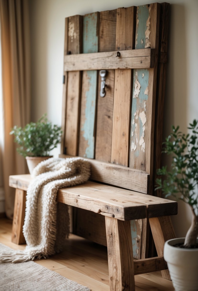 A wooden bench made from an old door with sturdy legs in a cozy living room setting.
