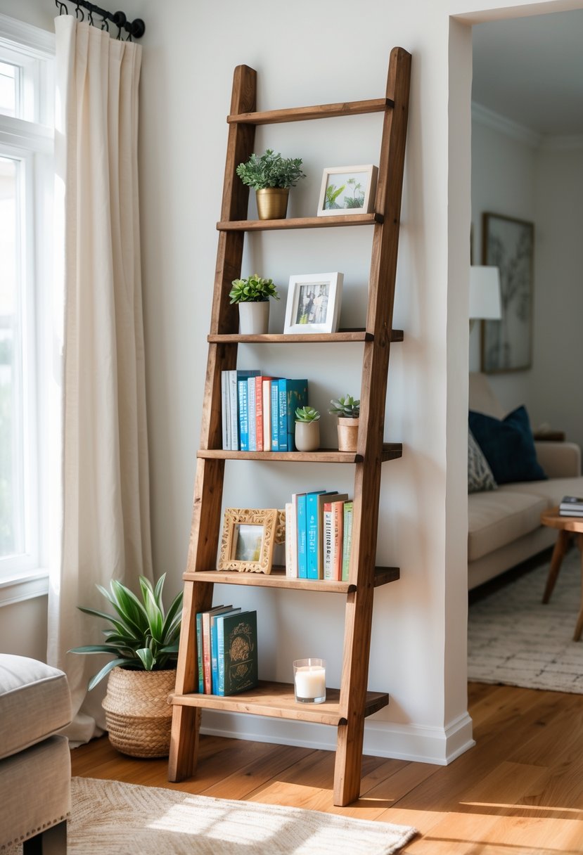 A wooden ladder converted into a bookshelf holding books and decorative items in a cozy living room.