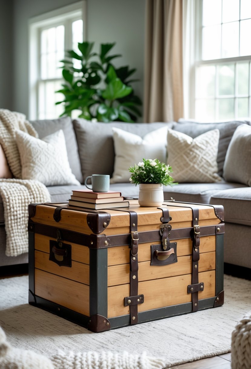 A restored vintage trunk used as a coffee table in a cozy living room with a sofa, books, a mug, and a potted plant.
