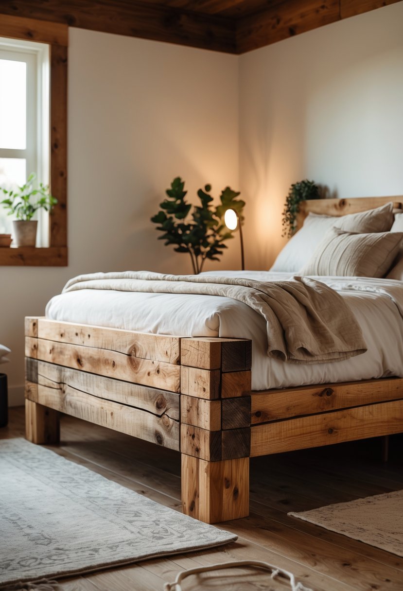 A bed frame made from reclaimed wood planks in a cozy bedroom with natural light and simple decor.
