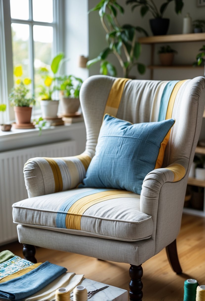 A cozy chair with newly recovered cushions made from leftover fabric, placed in a bright room with sewing materials nearby.