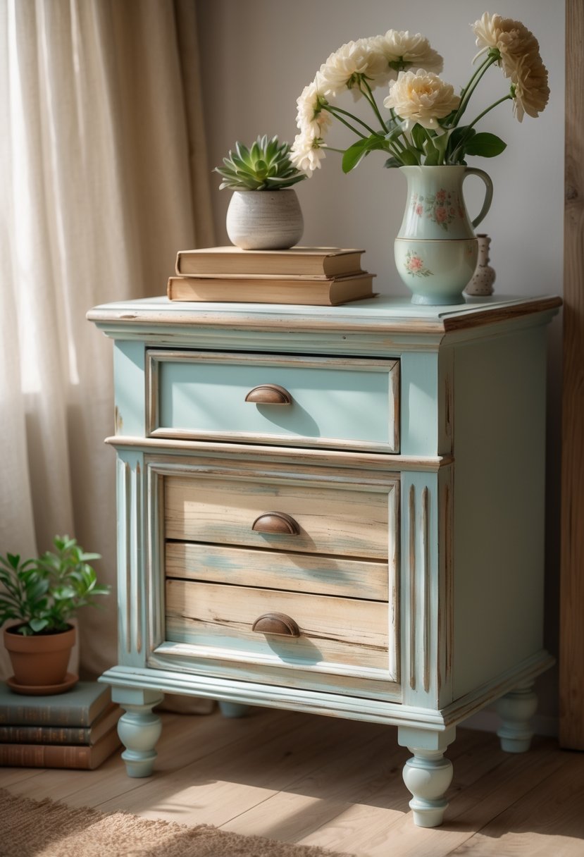 A painted and distressed nightstand with decorative items on and around it in a warmly lit room.