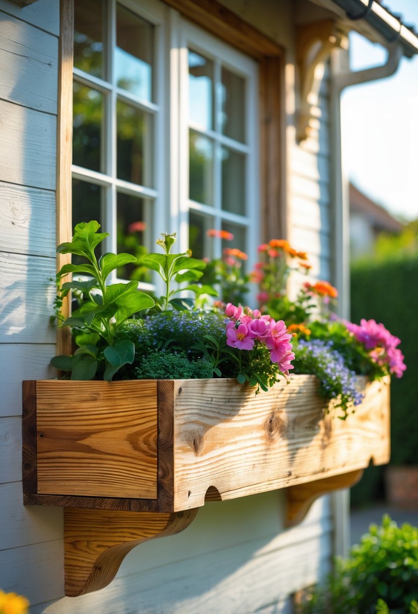 A wooden window box with flowers and plants mounted on the outside wall of a house.