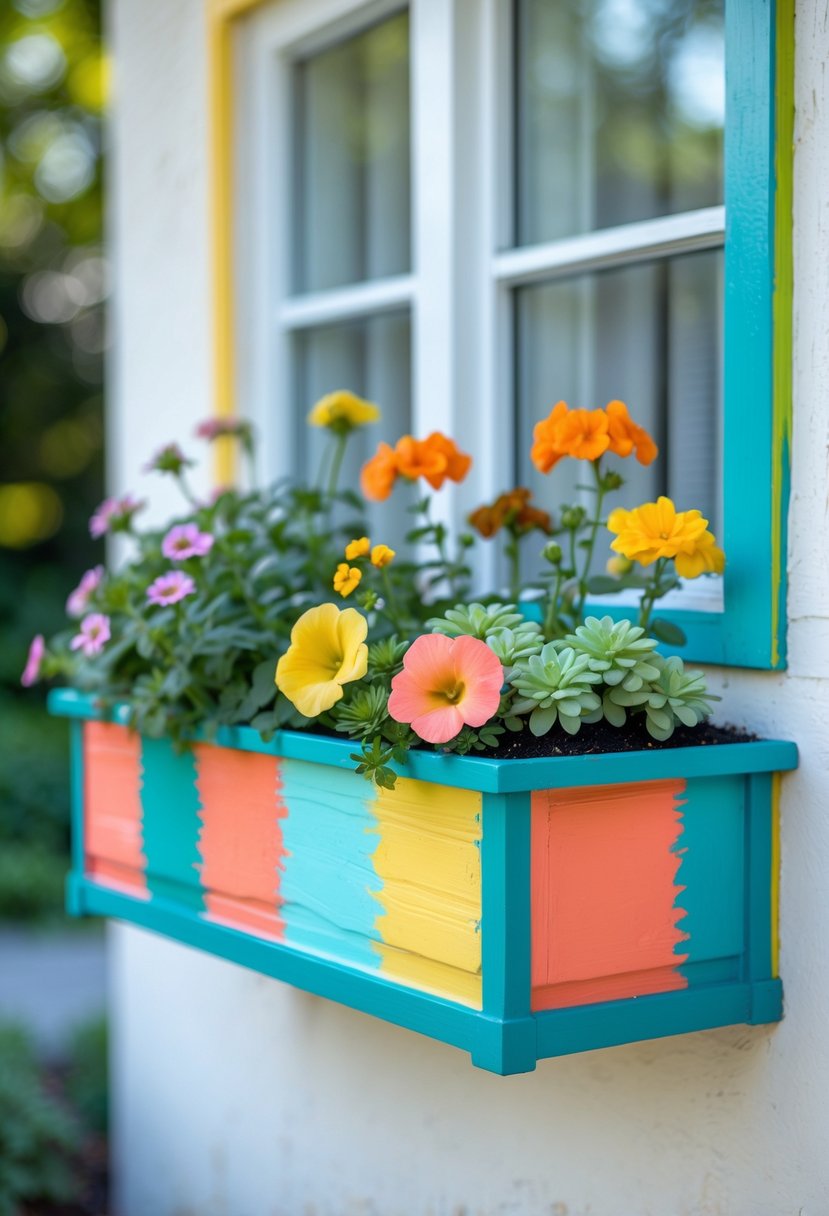 A colorful painted window box filled with blooming flowers mounted on an exterior wall.