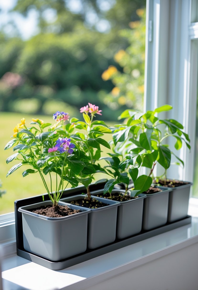 A four-pot modular window box planter with different plants on a windowsill, illuminated by natural sunlight.