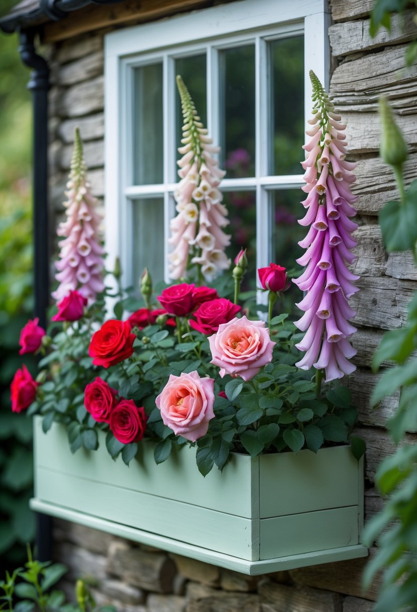 A window box filled with blooming roses and foxgloves mounted under a cottage window.