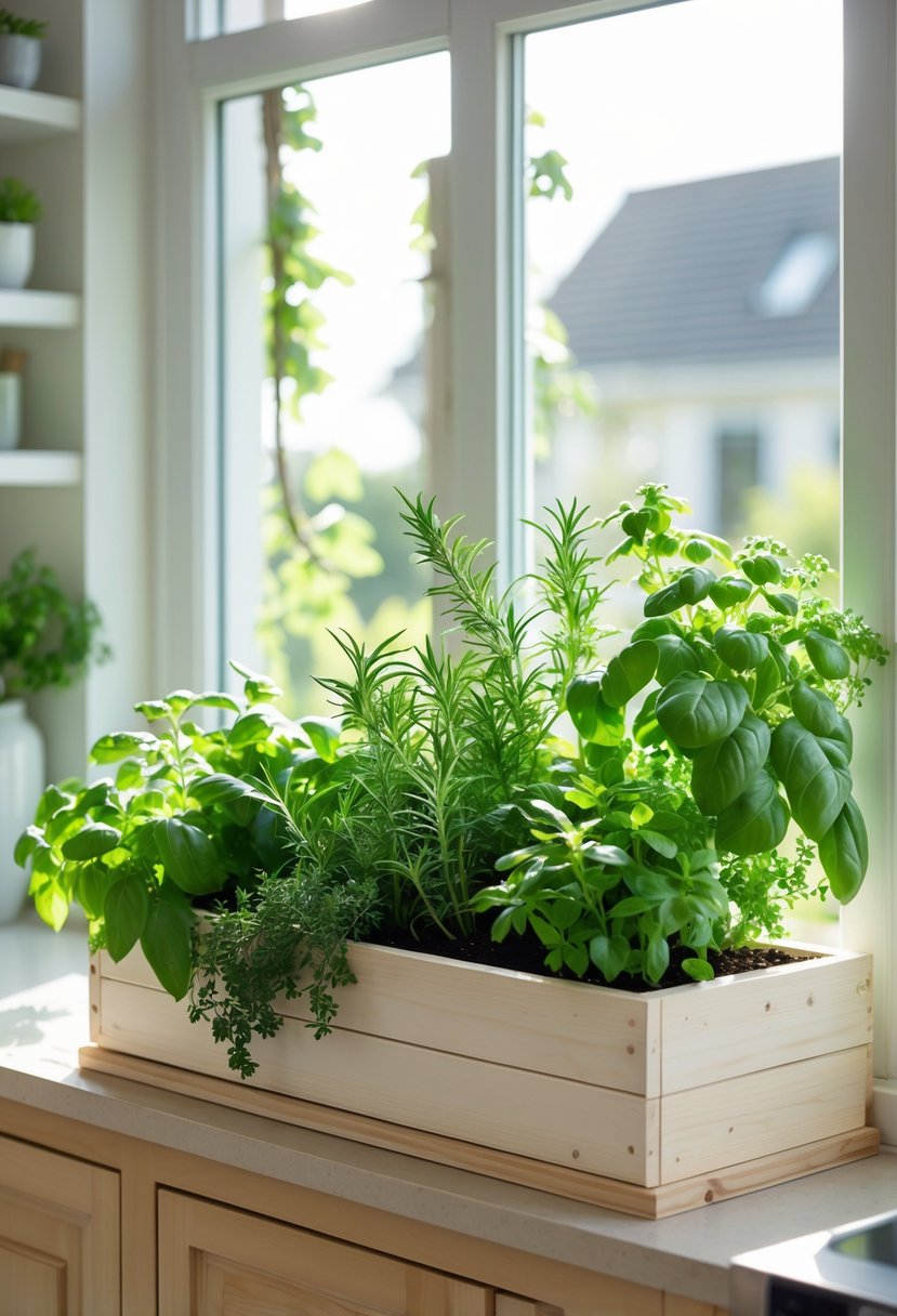 A wooden window box filled with fresh green herbs sits on a kitchen window ledge with sunlight streaming in.