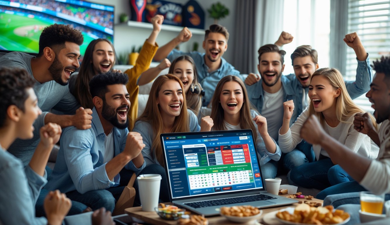 Sekelompok orang muda sedang merayakan kemenangan di depan laptop dan ponsel dengan antarmuka taruhan olahraga, di ruang tamu yang nyaman.