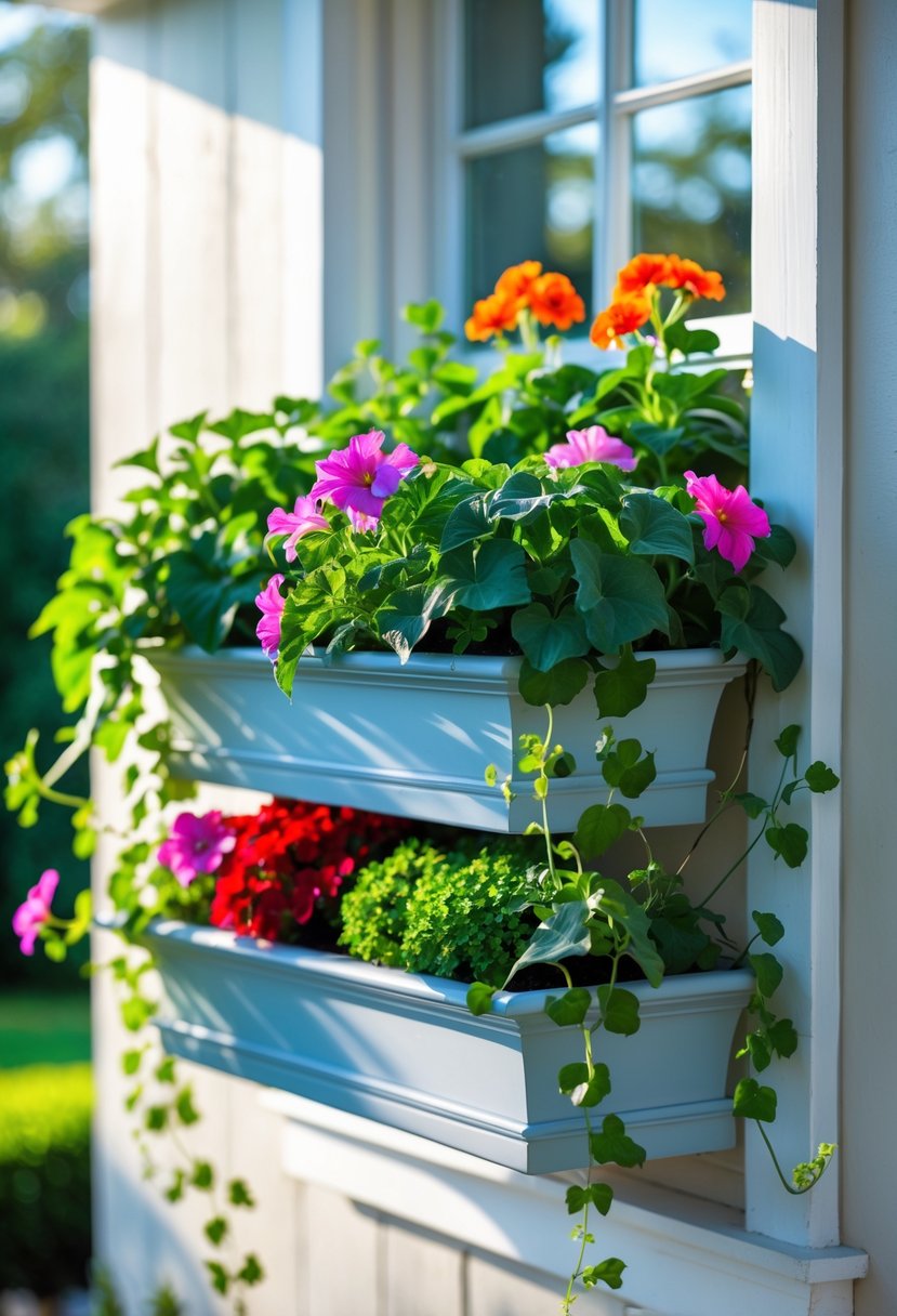 A tiered window box planter filled with green plants and colorful flowers mounted on a bright exterior wall beneath a white window.