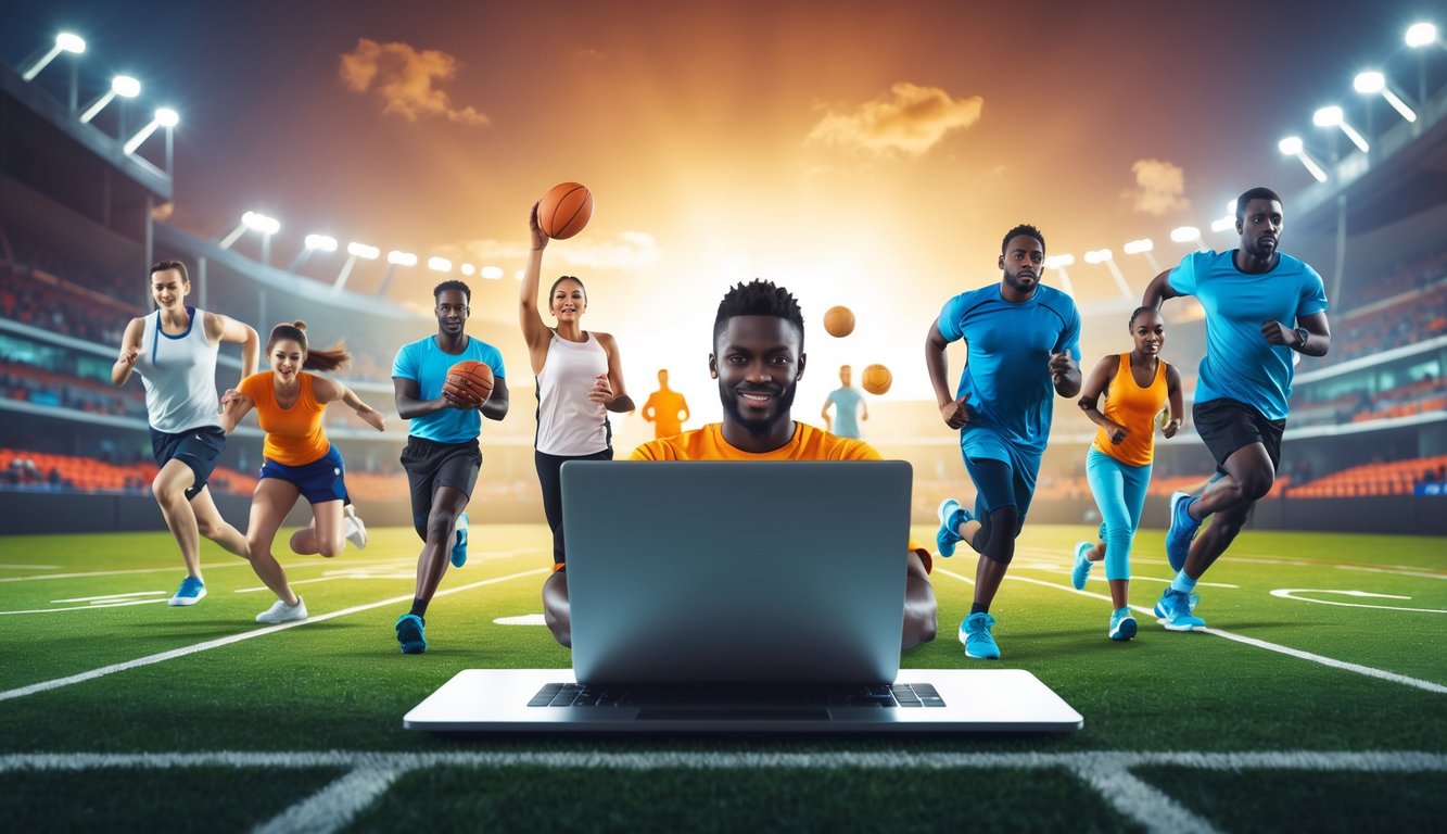 Sekelompok orang bermain berbagai jenis olahraga di stadion dengan seseorang menggunakan ponsel untuk akses online.