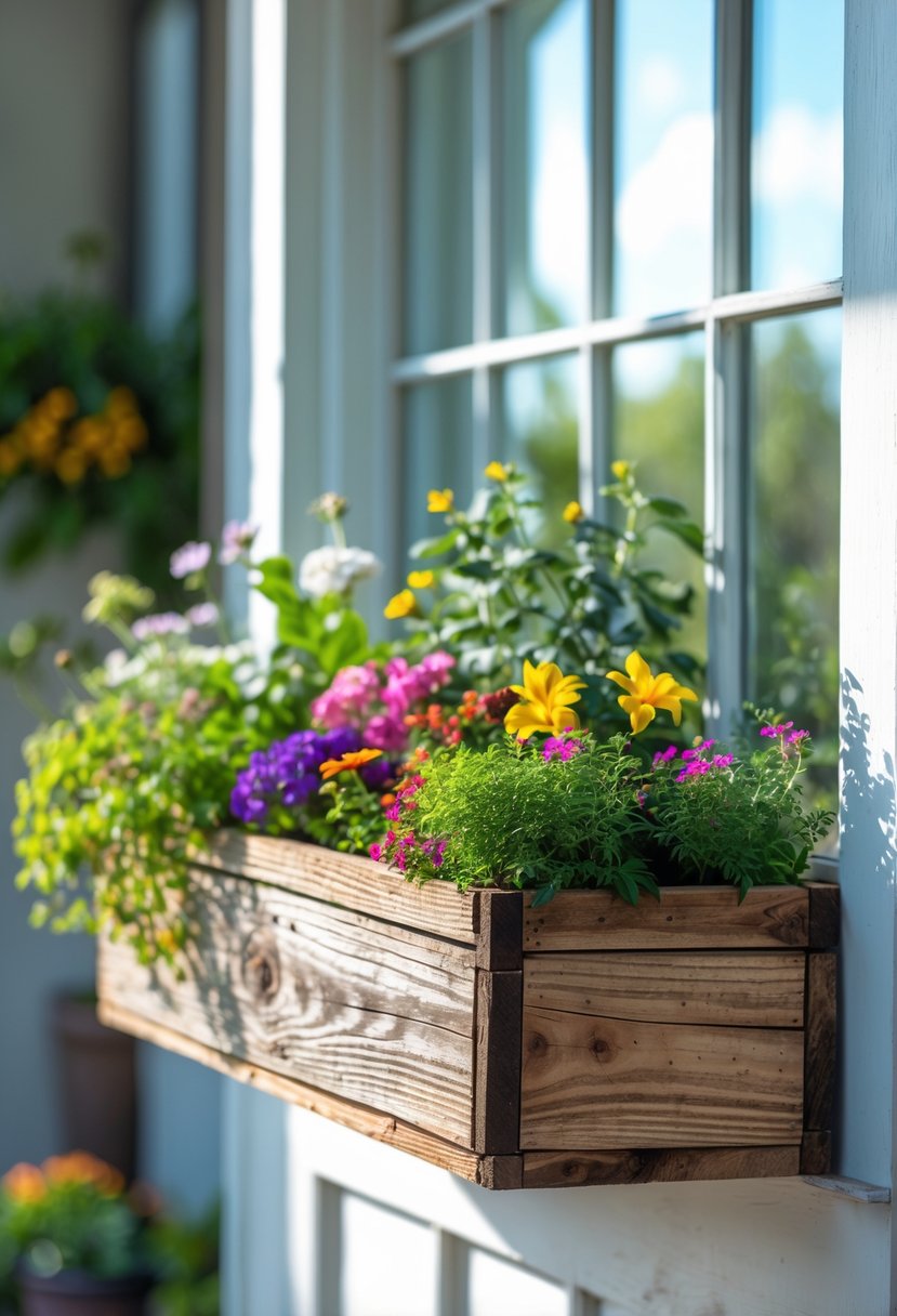 A reclaimed wood window box filled with colorful flowers mounted under a sunlit window.